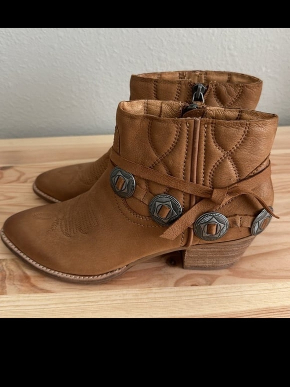 Dolce Vita Cognac Tan Leather Ankle Booties with Concho Strap